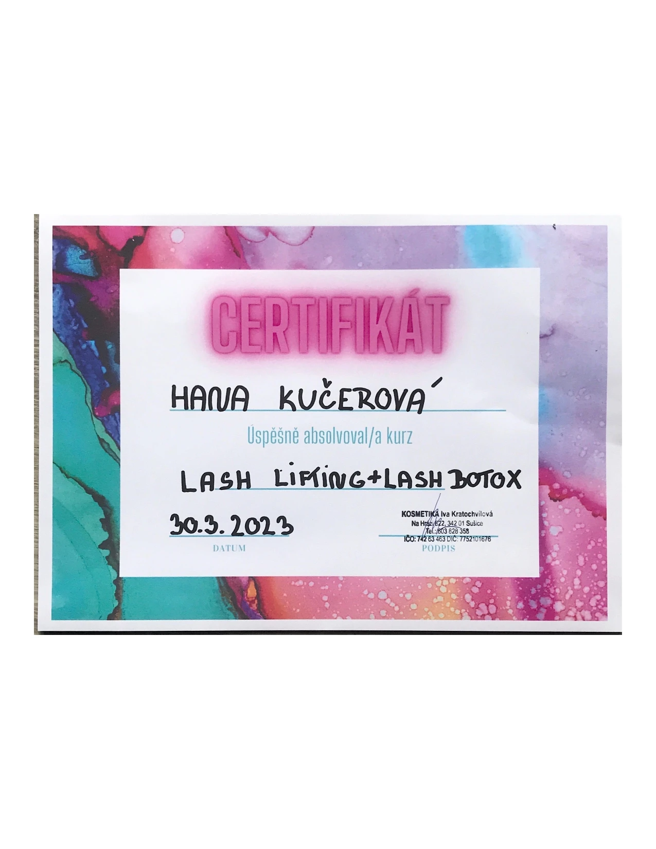 Certifikát Hana Kučerová, lash lifting a lash botox, 30. 5. 2023